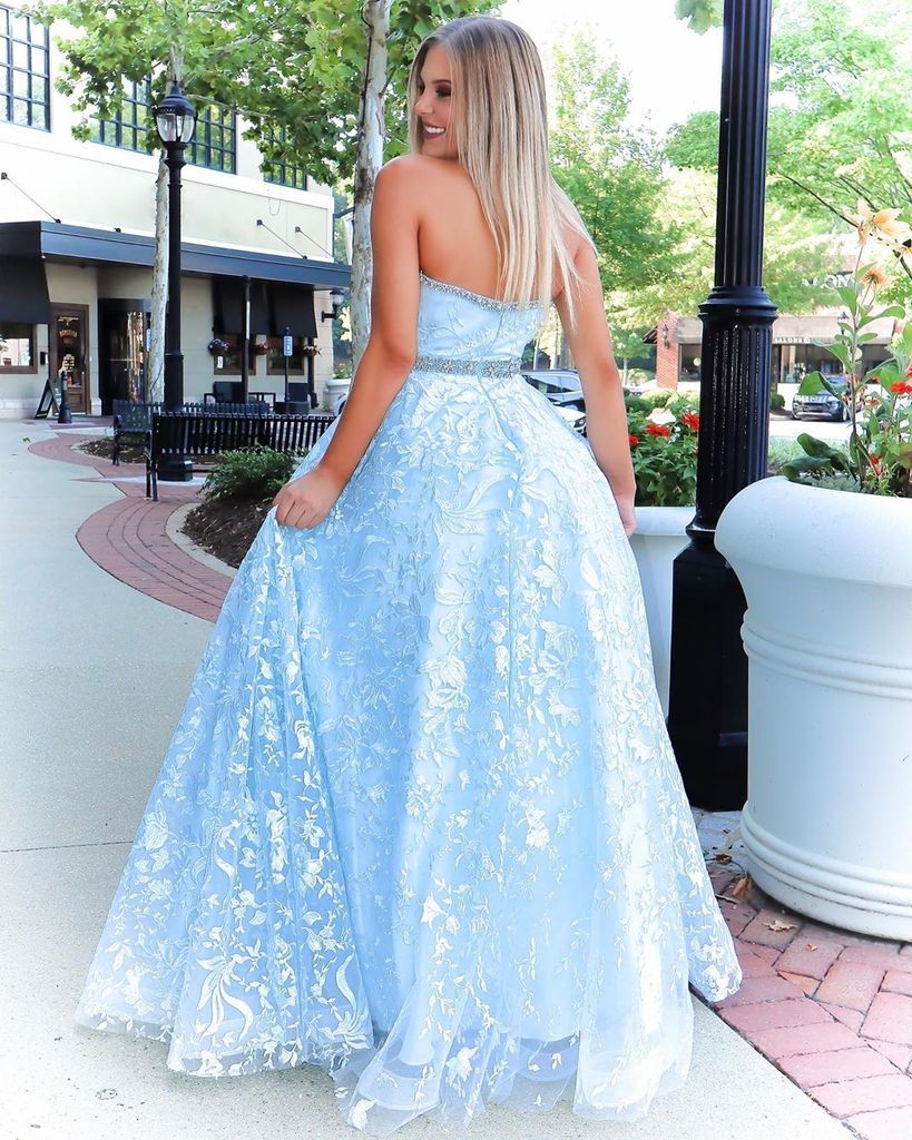 Stunning A-line Strapless Sky Blue Lace Beaded Long Prom Dresses Evening Dress DMT2