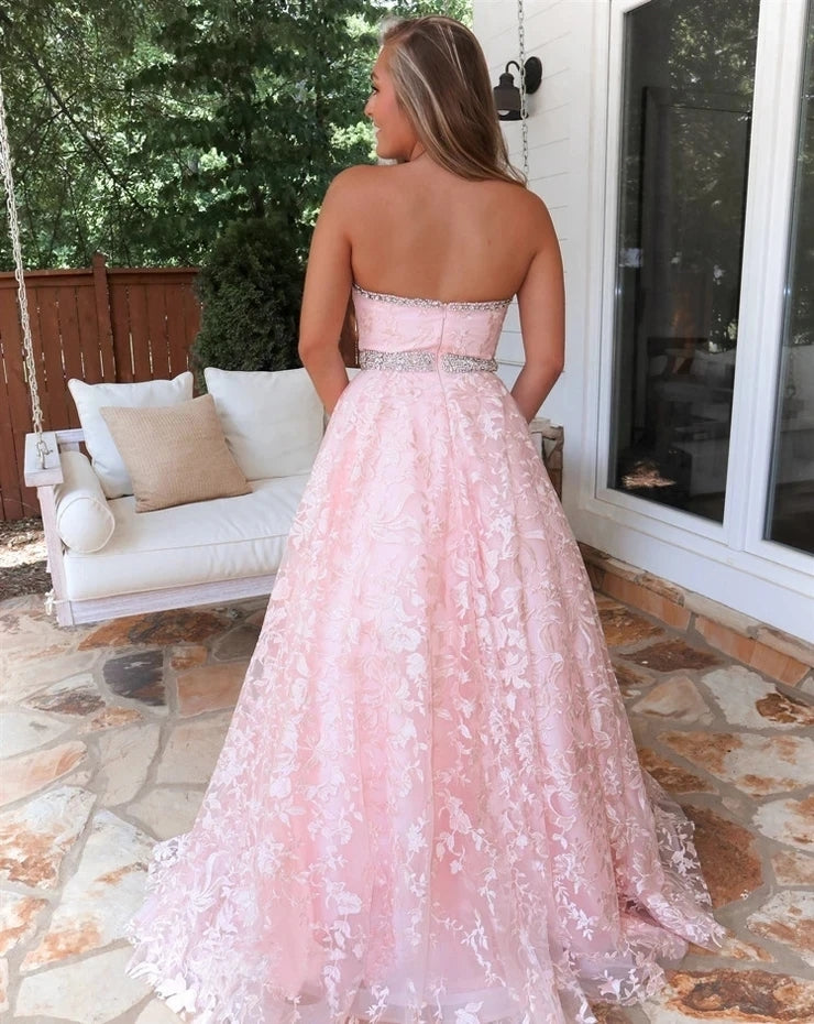 Chic A-line Strapless Sky Blue Lace Beaded Long Prom Dresses Formal Evening Dress DM1021