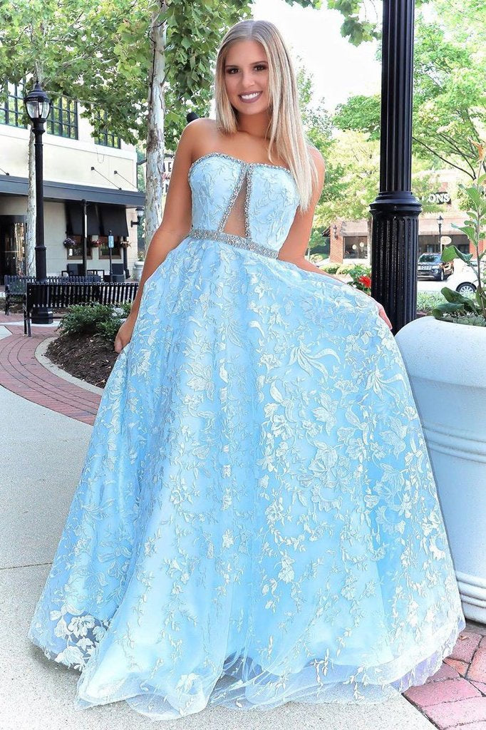 Stunning A-line Strapless Sky Blue Lace Beaded Long Prom Dresses Evening Dress DMT2