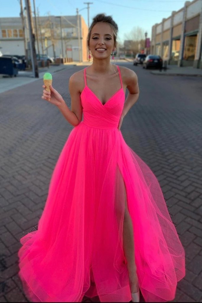 Beautiful A-line Spaghetti Straps Tulle Long Prom Dresses Evening Dress DMT4