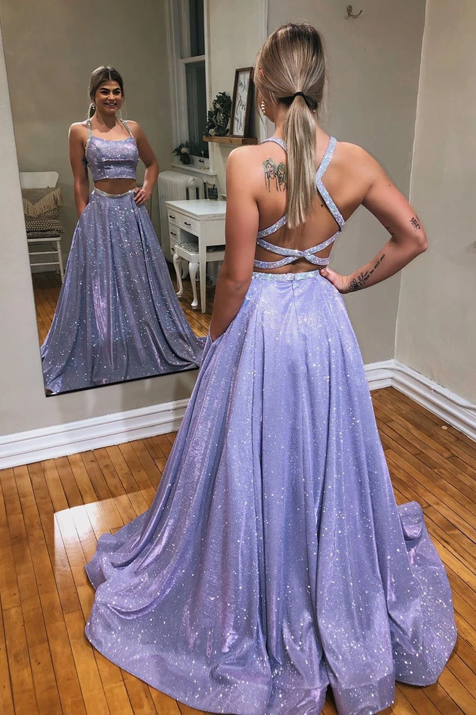 A-line Two Pieces Spaghetti Straps Sparkly Long Prom Dresses Evening Dress DMT3