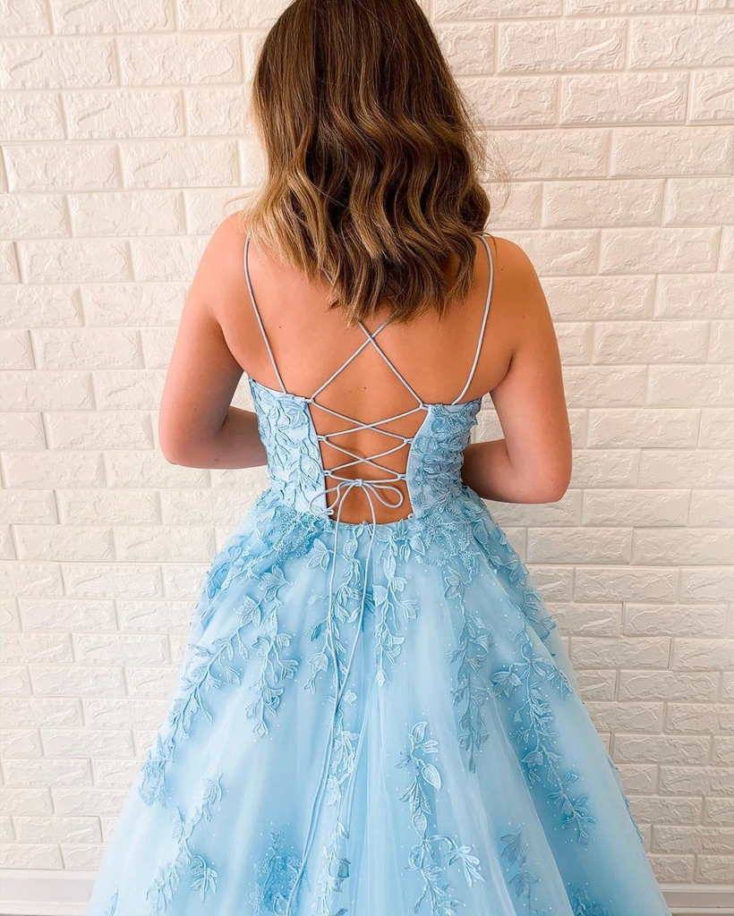 New Arrival A-line Spaghetti Straps Lace Appliques Long Blue Prom Dresses DMT5