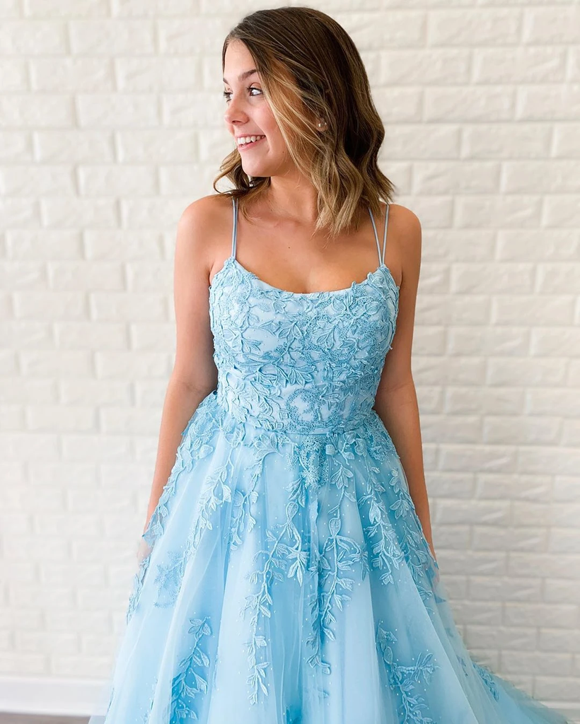 New Arrival A-line Spaghetti Straps Lace Appliques Long Blue Prom Dresses DMT5