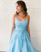 New Arrival A-line Spaghetti Straps Lace Appliques Long Blue Prom Dresses DMT5