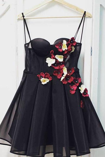 Black Tulle Sweetheart Neck Short Prom Dress, Flowers Homecoming Dress DMP57