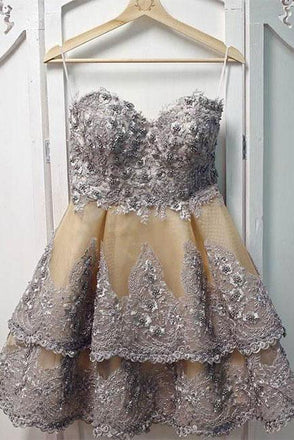 Unique Sweetheart Appliques Short Prom Dress, Layers Homecoming Dress DMP56