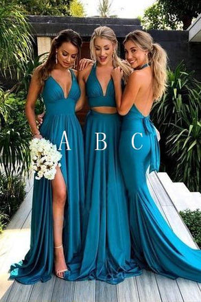 Simple Deep V-Neck Long Blue Backless Bridesmaid Dresses With Split DMG48