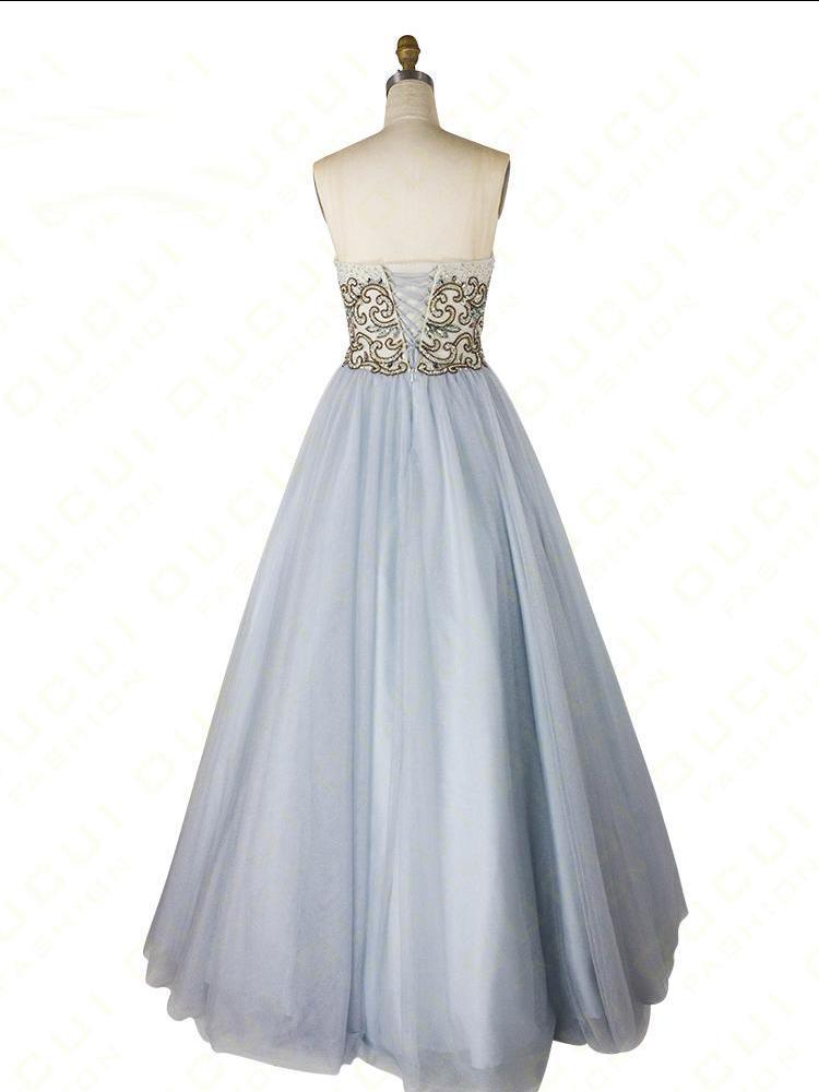 A-line Sweetheart Beaded Light Blue Long Prom Dresses Unique Formal Gowns DMR55