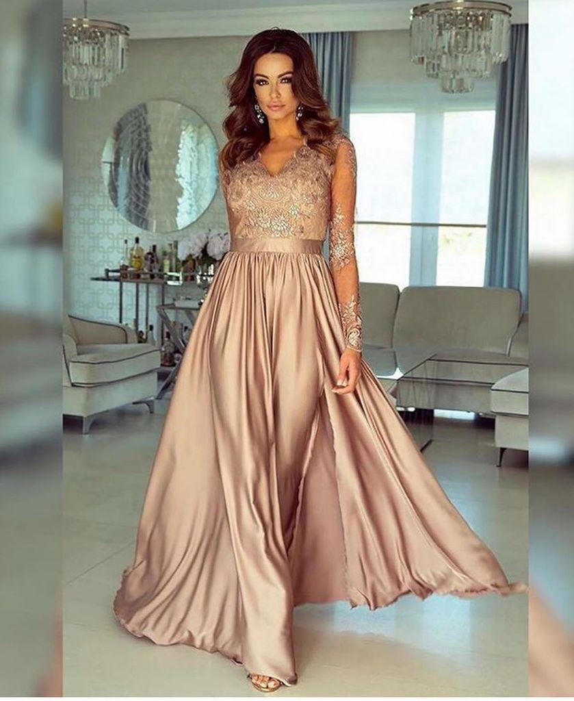 A-line V neck Long Sleeves Prom Dresses Lace Appliques Formal Gowns DMR73