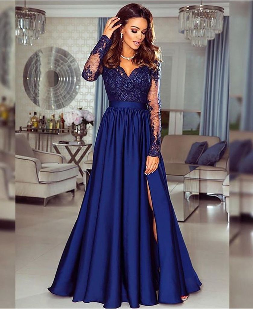 A-line V neck Long Sleeves Prom Dresses Lace Appliques Formal Gowns DMR73