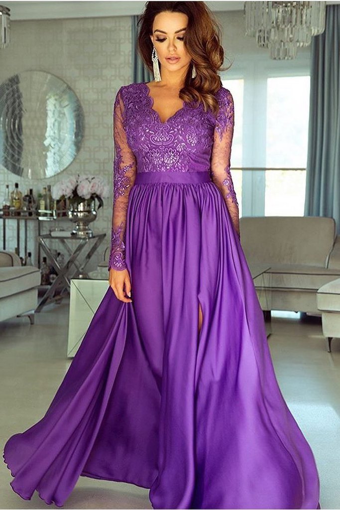 A-line V neck Long Sleeves Prom Dresses Lace Appliques Formal Gowns DMR73