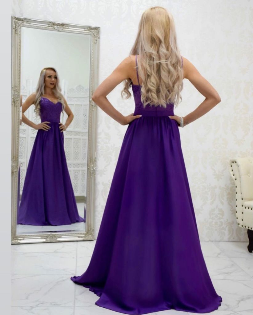A-line Spaghetti Straps Grape Long Satin Prom Dresses Lace Top Formal Gowns DMR54