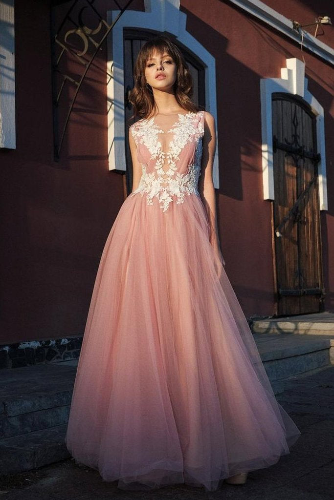 A-line Bateau Pink Tulle Long Prom Dresses Applique Formal Gowns DMR53