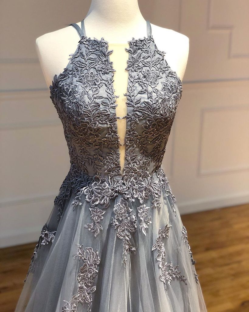 A-line Spaghetti Straps Lace Appliques Grey Tulle Long Prom Dresses Party Dresses DMR70