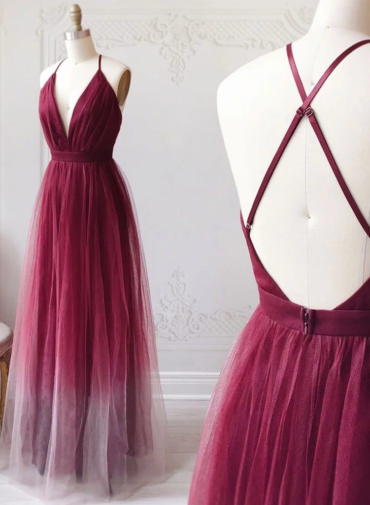 A-line Spaghetti Straps Ombre Long Tulle Prom Dresses Party Dresses DMR69