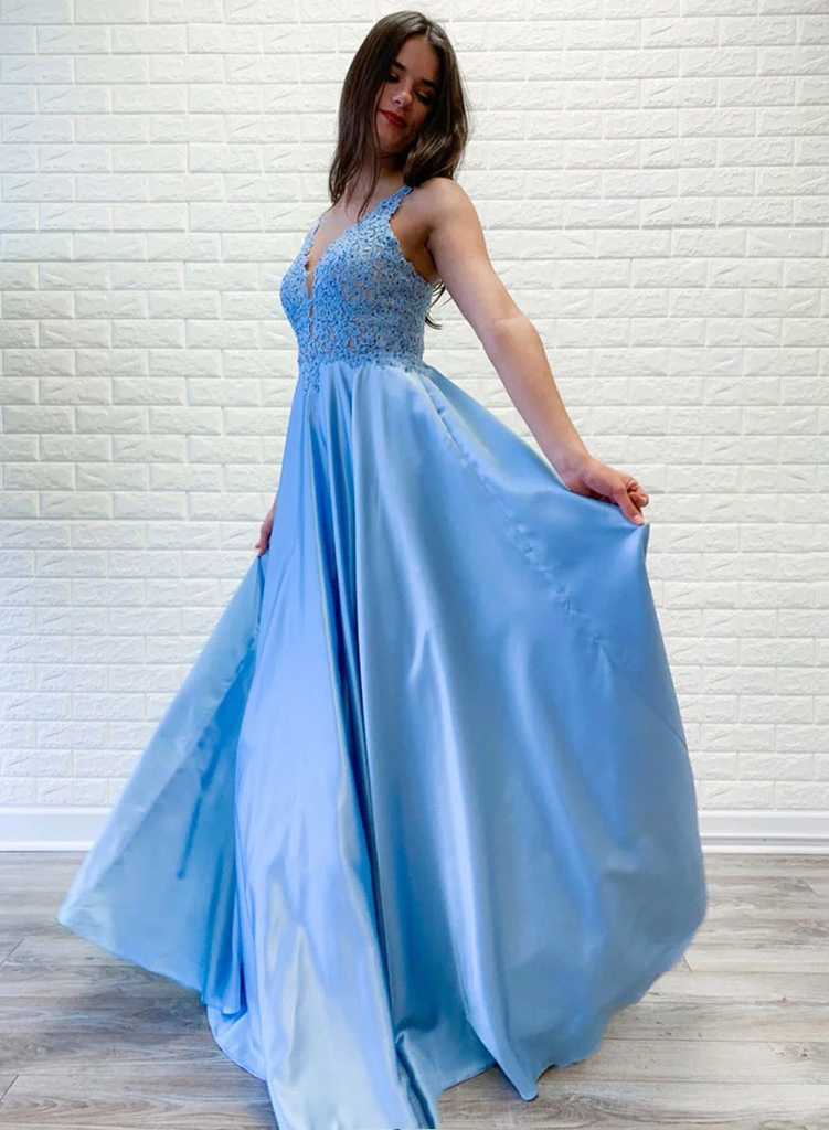 A-line V neck Lace Appliques Long Satin Prom Dresses Blue Evening Party Dresses DMR67