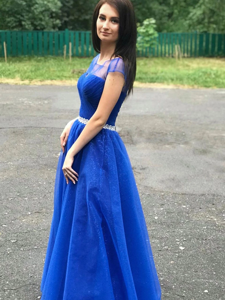 A-line Cap Sleeves Royal Blue Long Prom Dresses Beaded Evening Dresses DMR65