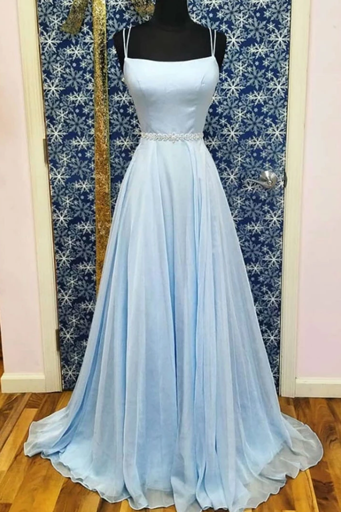 A line Spaghetti Straps Light Sky Blue Long Simple Prom Dresses Evenin Demodresses