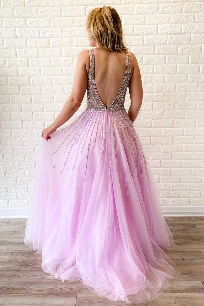 A-line V Neck Lilac Long Prom Dresses Tulle Beaded Evening Gowns DMR64