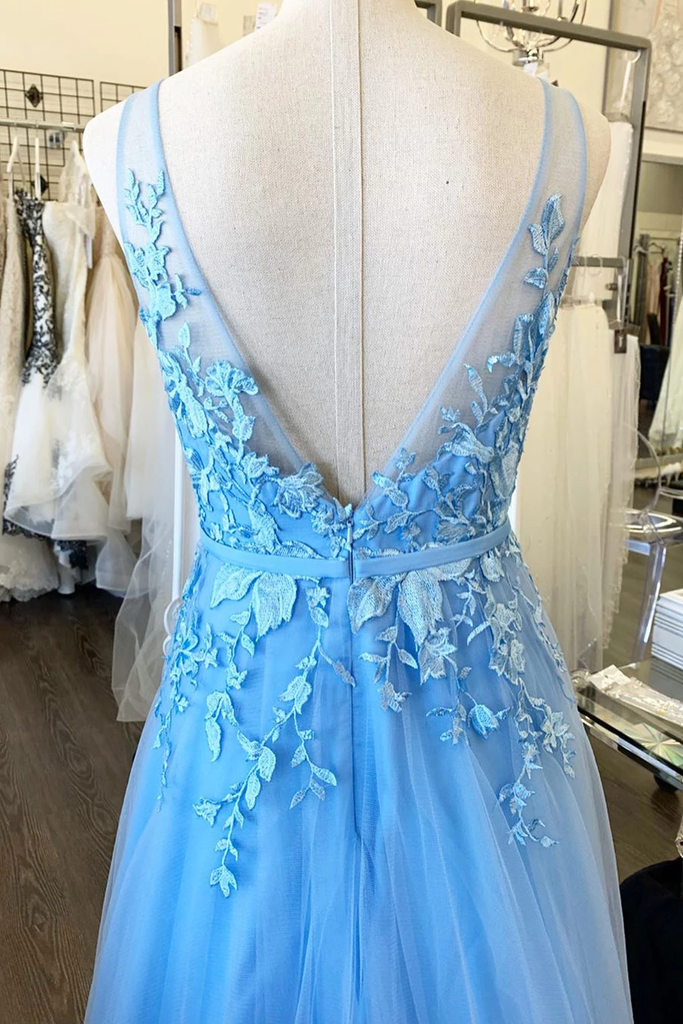 A-line V Neck Blue Long Prom Dresses Applique Tulle Evening Dresses DMR63