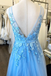 A-line V Neck Blue Long Prom Dresses Applique Tulle Evening Dresses DMR63