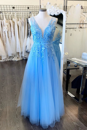 A-line V Neck Blue Long Prom Dresses Applique Tulle Evening Dresses DMR63