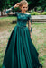 A Line Long Sleeves Dark Green Satin Appliques Prom Dresses Evening Dress DMR46