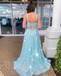 Spaghetti Straps Sky Blue Prom Dress With Slit Sparkly A Line Formal Dress DMR59