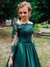 A Line Long Sleeves Dark Green Satin Appliques Prom Dresses Evening Dress DMR46