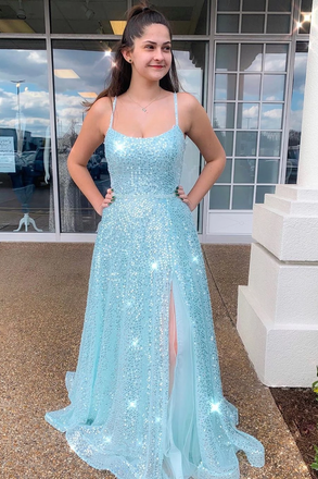 Spaghetti Straps Sky Blue Prom Dress With Slit Sparkly A Line Formal Dress DMR59