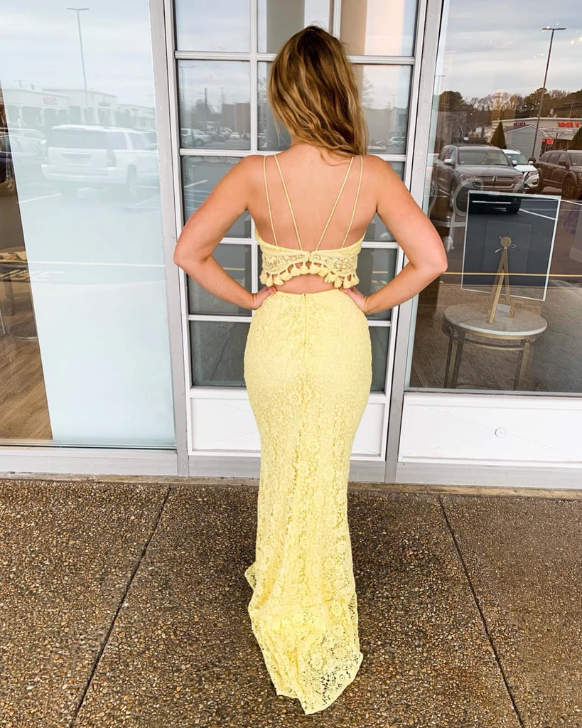 Two Piece Spaghetti Straps Yellow Lace Long Mermaid Prom Dress DMR58