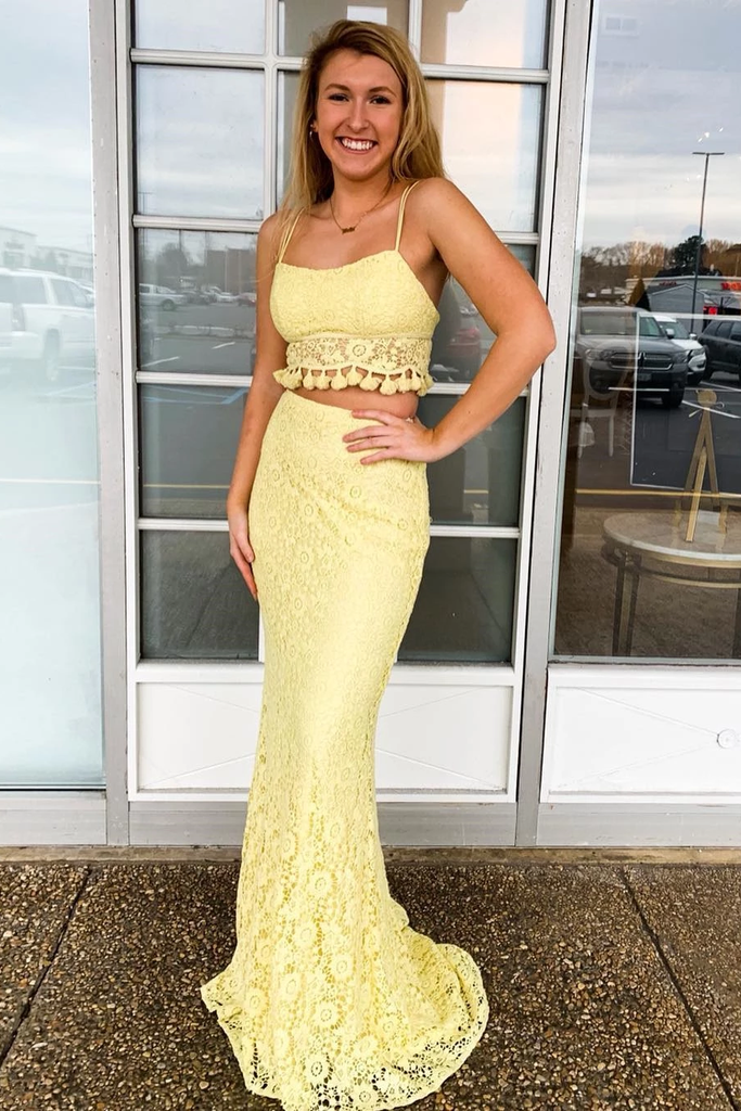 Two Piece Spaghetti Straps Yellow Lace Long Mermaid Prom Dress DMR58