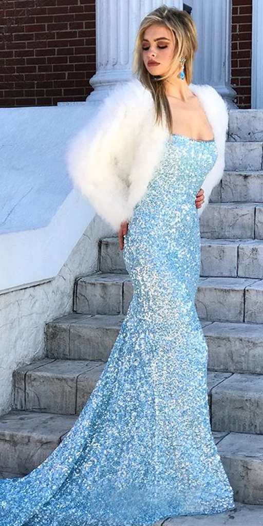 Mermaid Sky Blue Sequins Long Prom Dress Cheap Evening Dresses DMR57