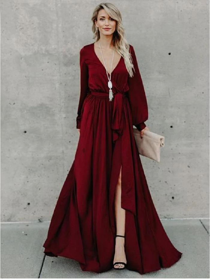 A-line Burgundy Long Prom Dresses Long Sleeve Simple Cheap Evening Dress DMR56