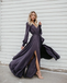 A-line Burgundy Long Prom Dresses Long Sleeve Simple Cheap Evening Dress DMR56