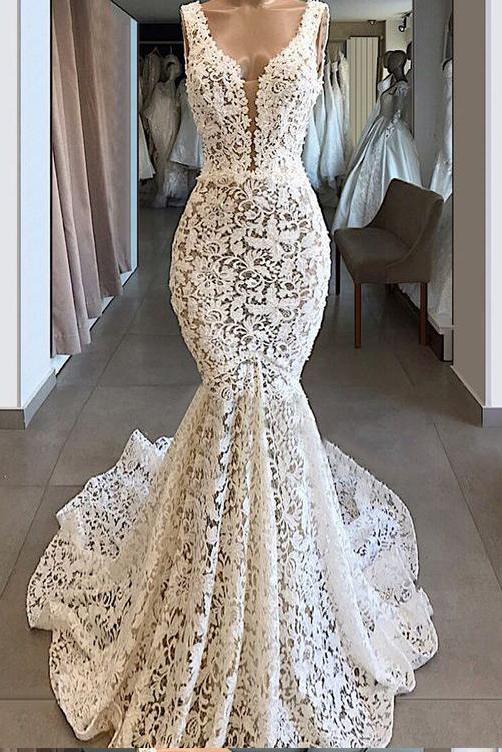 Trumpet/Mermaid V neck Ivory Lace Long Prom Dresses Evening Dresses DMR50