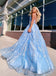 A-line Spaghetti Straps Lace Appliques Sky Blue Long Prom Dresses Evening Dresses DMR51
