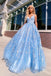 A-line Spaghetti Straps Lace Appliques Sky Blue Long Prom Dresses Evening Dresses DMR51
