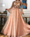 A line Long Sleeves Prom Dresses 3D Flowers Prom Dress Formal Evening Dress DMR44