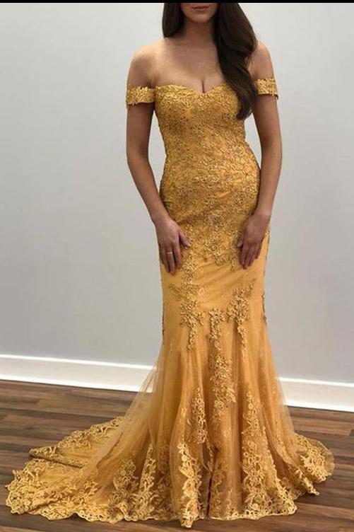 Trumpet/Mermaid Off-the-shoulder Lace Appliques Long Prom Dresses Evening Dresses DMR52