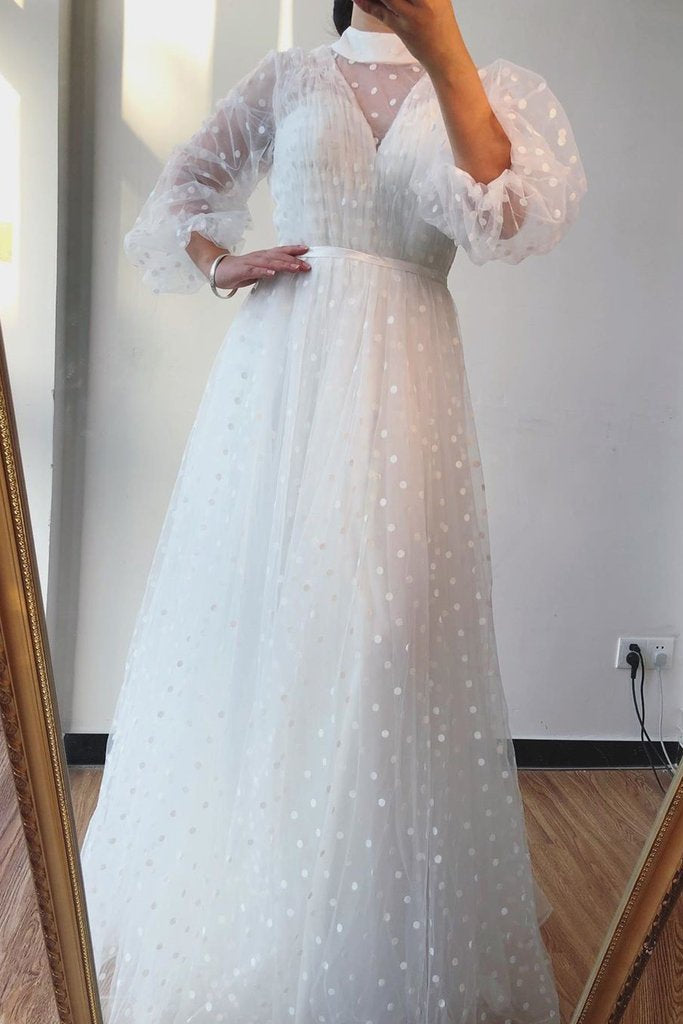 A-line High Neck Long Sleeves White Long Prom Dresses Formal Gowns DMS75
