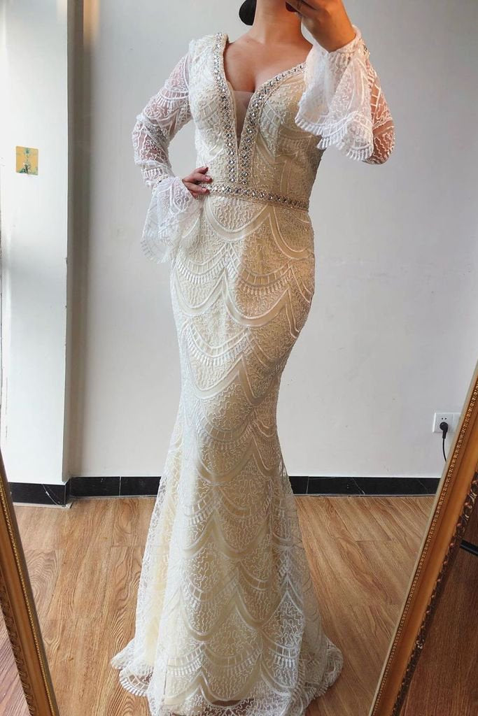 Trumpet/Mermaid V neck Lace Beaded Long Sleeves Prom Dresses Formal Elegant Evening Gowns DMS74