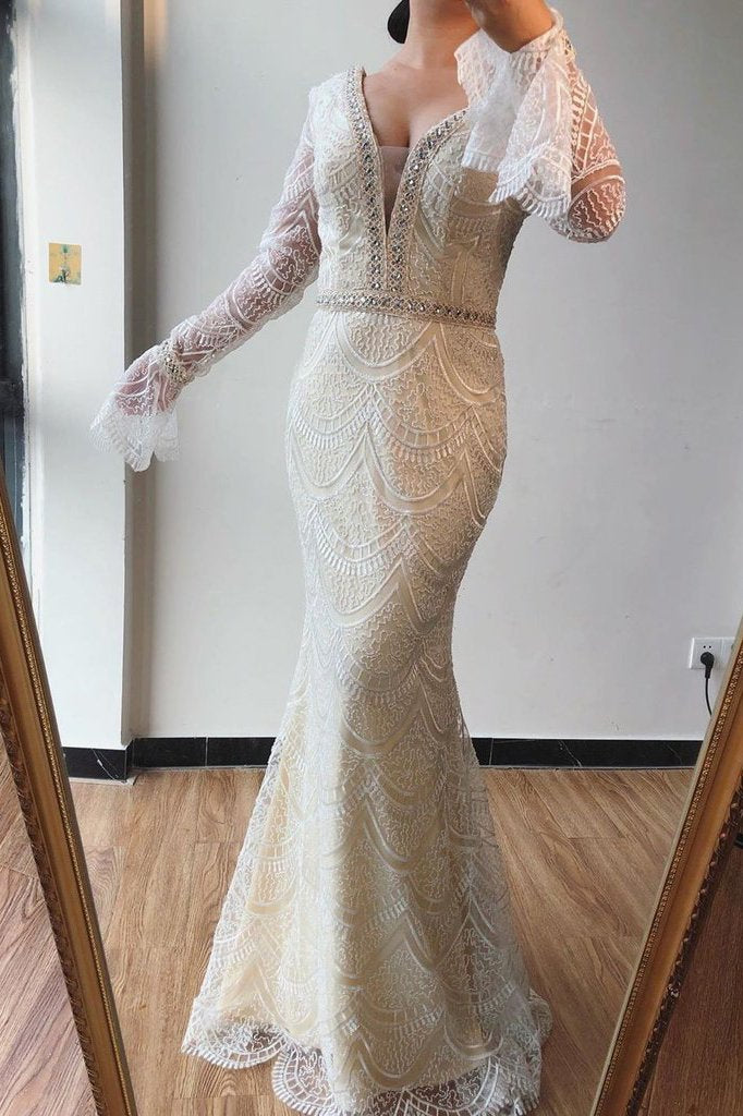 Trumpet/Mermaid V neck Lace Beaded Long Sleeves Prom Dresses Formal Elegant Evening Gowns DMS74