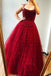 Burgundy Spaghetti Straps Beaded Long Prom Dresses A Line Formal Evening Gowns DMS73