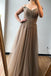 A-line Off-the-shoulder Beaded Long Prom Dresses Brown Evening Gowns DMS72