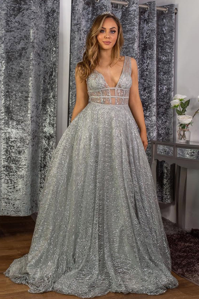Stunning A-line V neck Sparkly Tulle Evening Dress Silver Prom Dress DMS16