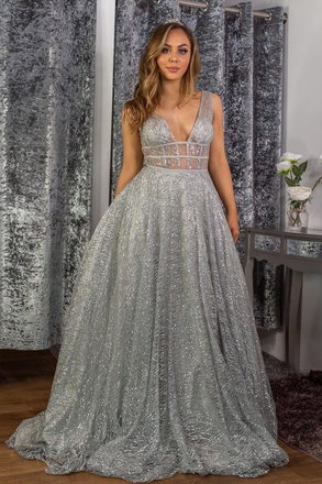 Stunning A-line V neck Sparkly Tulle Evening Dress Silver Prom Dress DMS16