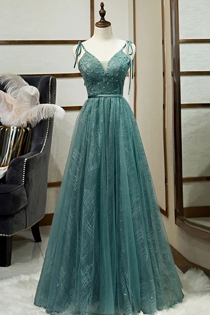 Spaghetti Straps Tulle Modest A Line Evening Dress Long Prom Dress DMR98