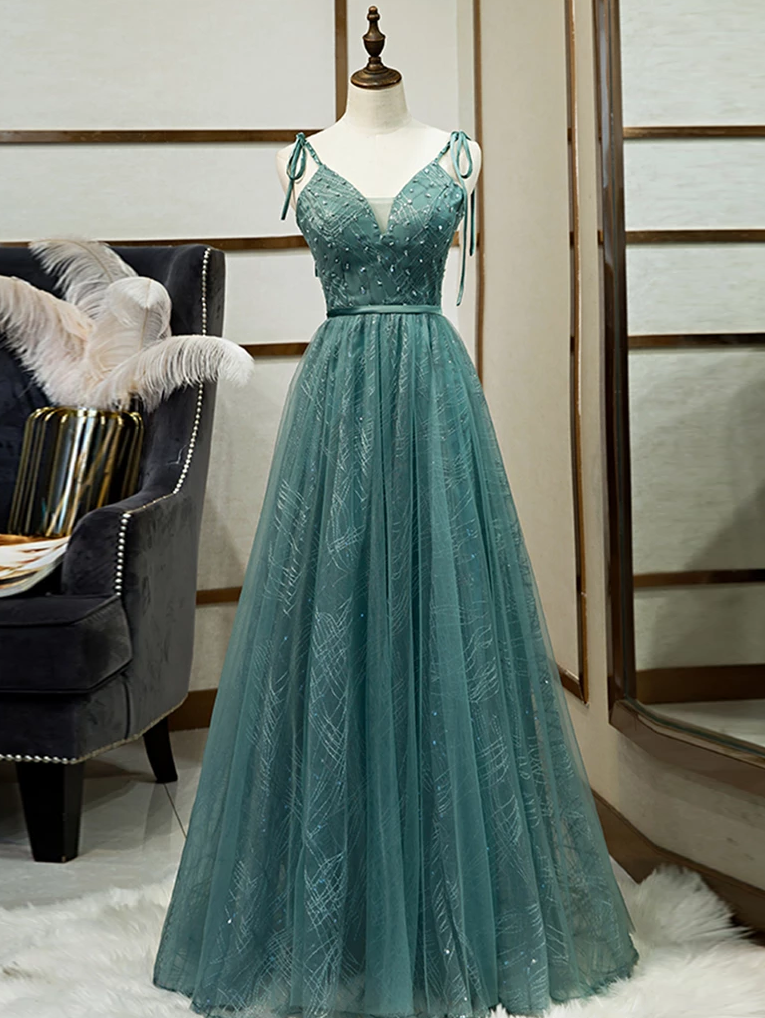 Spaghetti Straps Tulle Modest A Line Evening Dress Long Prom Dress DMR98