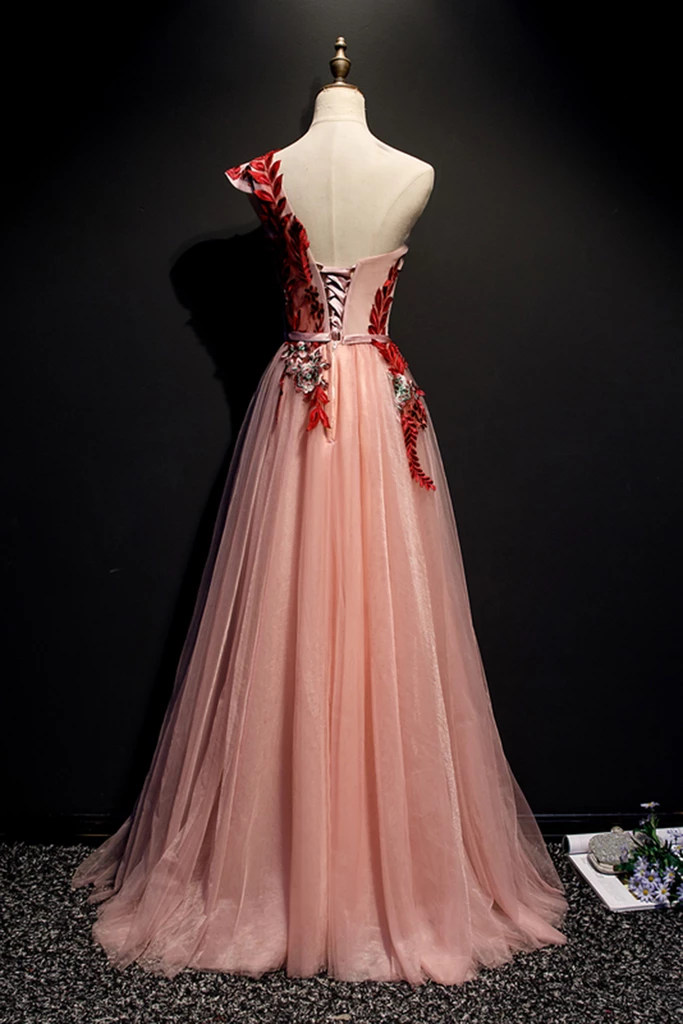 A Line Pink One Shoulder Tulle Red Applique Long Prom Dress Evening Dress DMR97